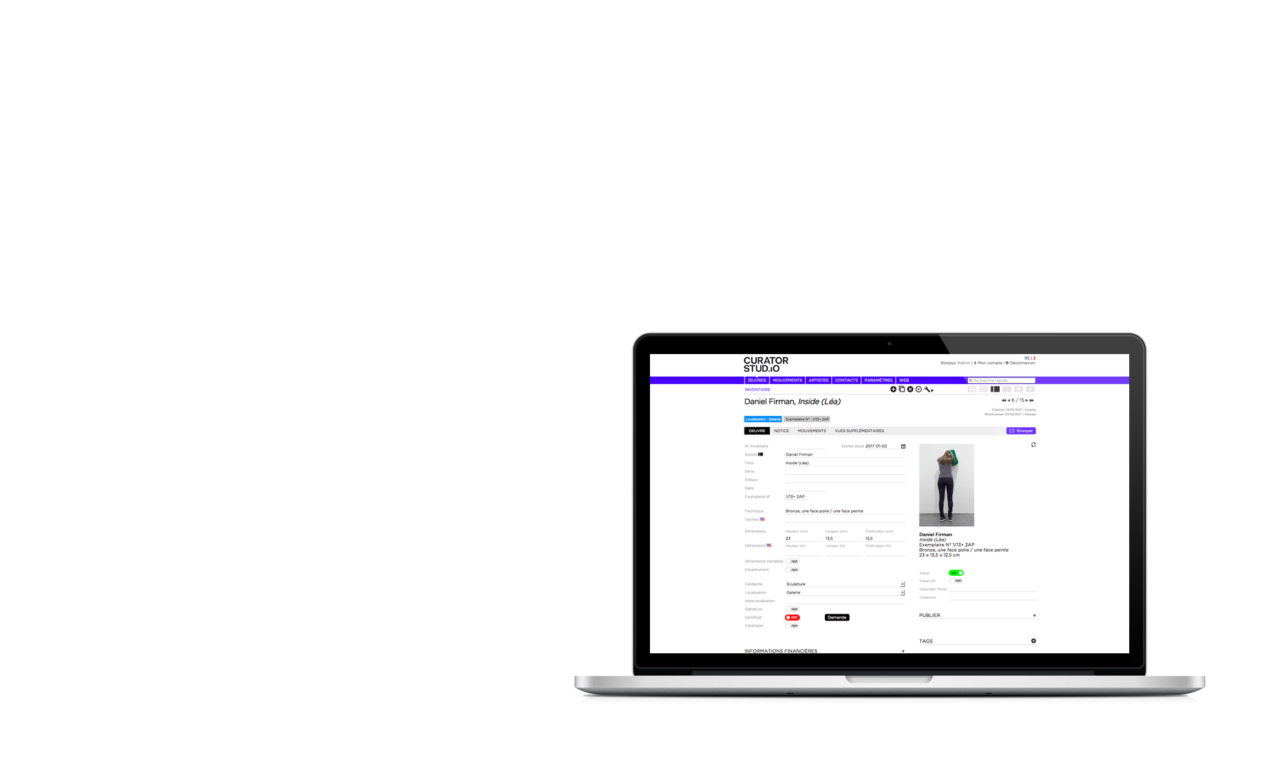 Curator Studio - Premiere solution gestion tout-en-un pour les galeries d'art - Mac book
