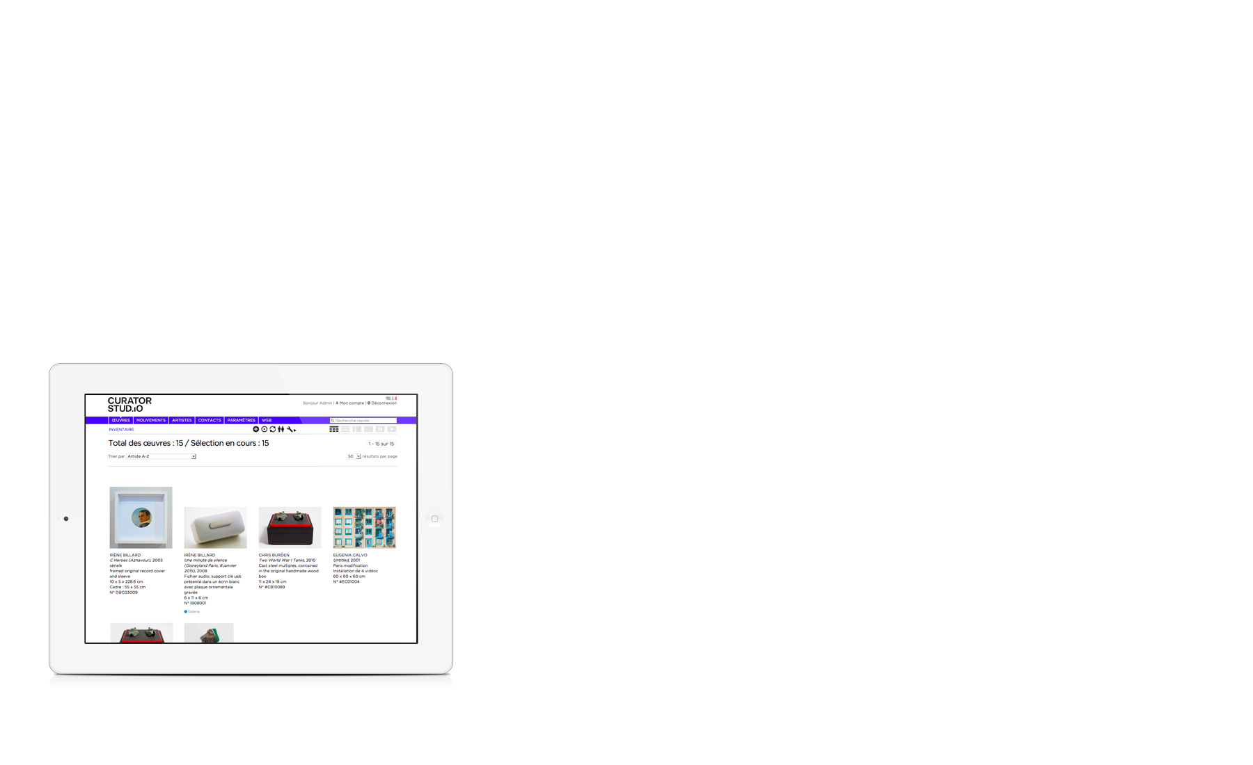 Curator Studio - Premiere solution gestion tout-en-un pour les galeries d'art - Ipad